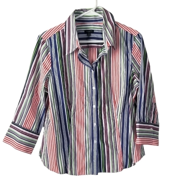 Talbots Petites 3/4 Length Sleeve Button Down Striped Shirt Blue/Orange/Green 14 - Picture 1 of 11